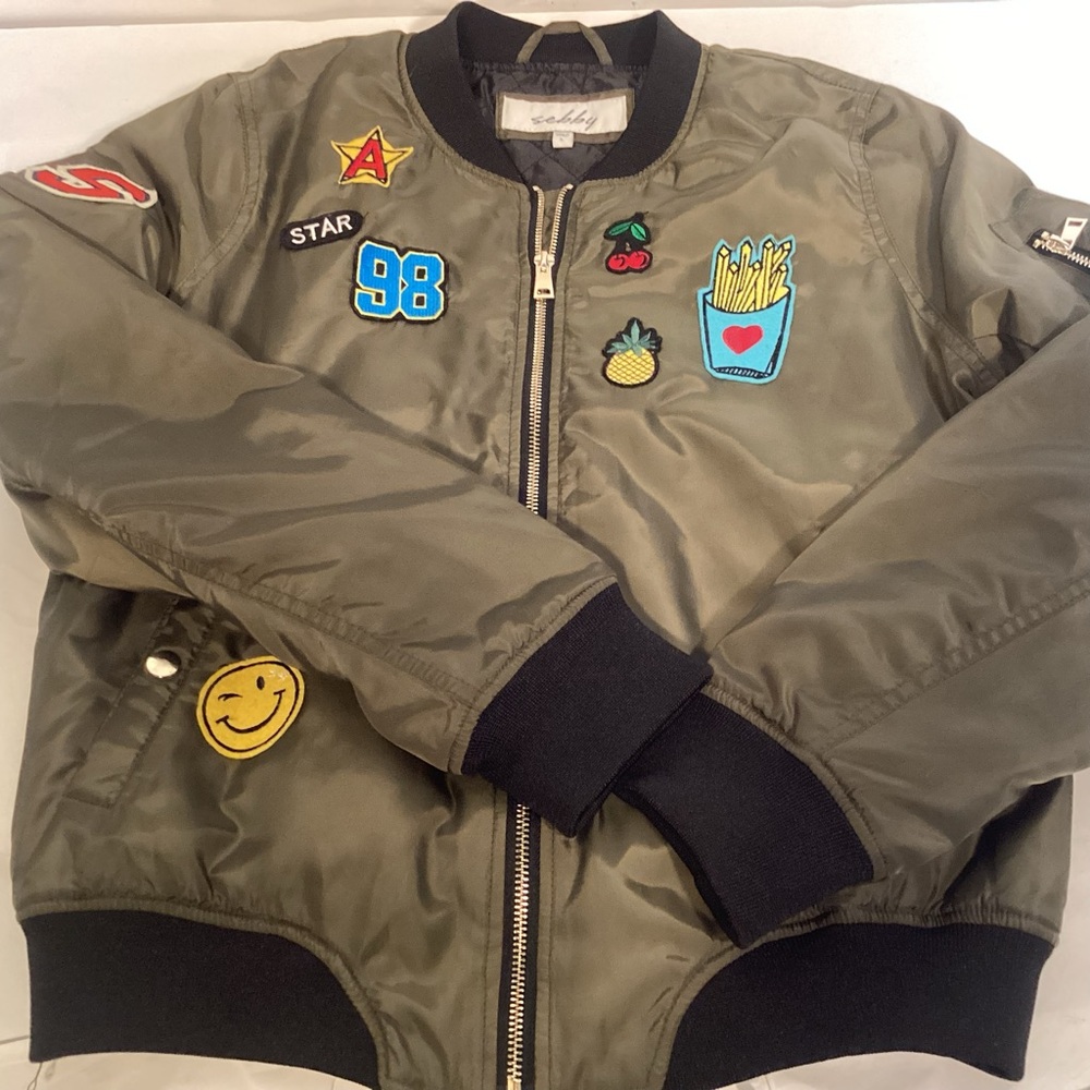 Sebby Olive Green Bomber Jacket with Patches Women’s size Large